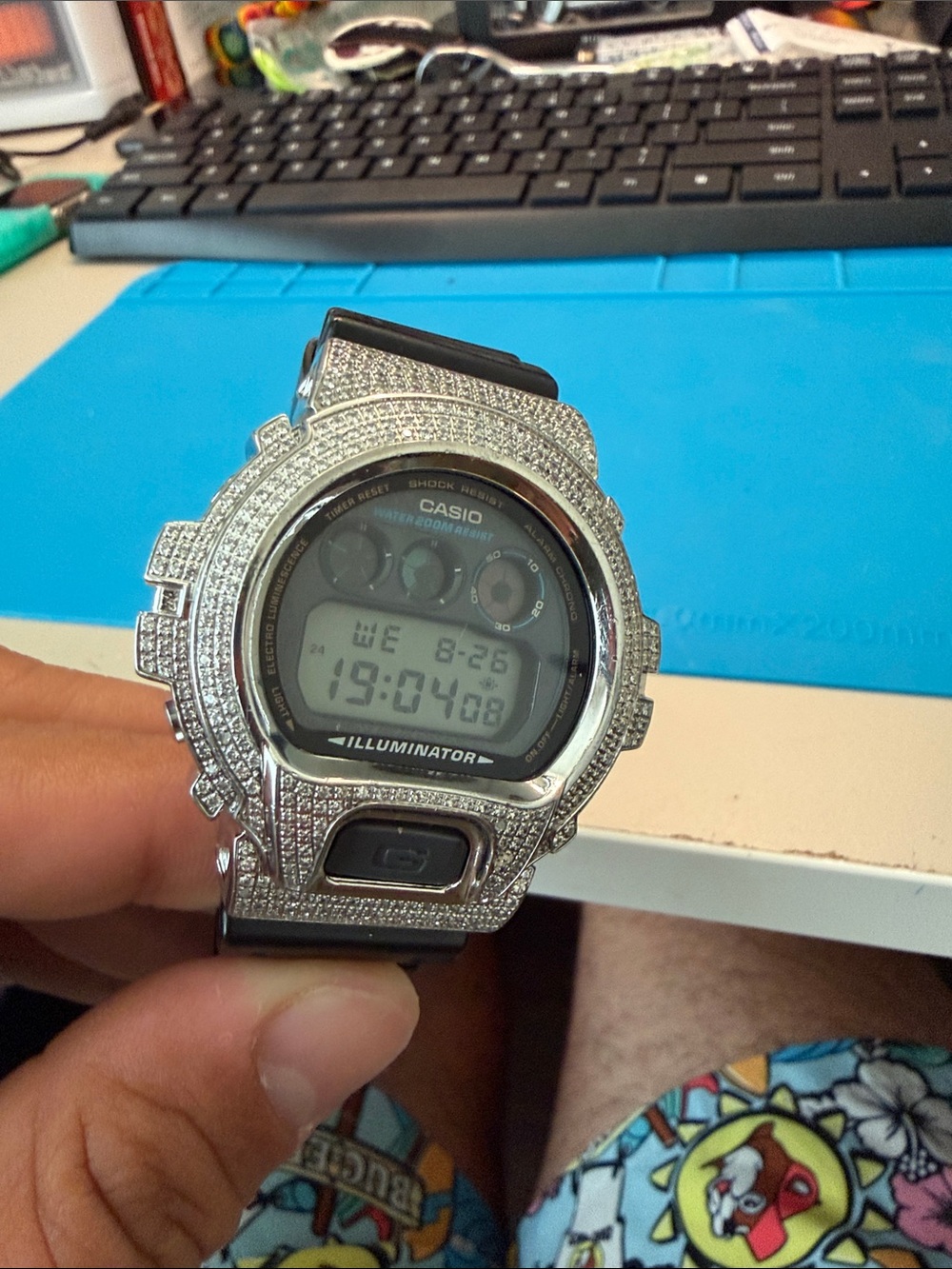 Casio Digital Illuminator Watch with Silver Crystal Bezel and Black Strap